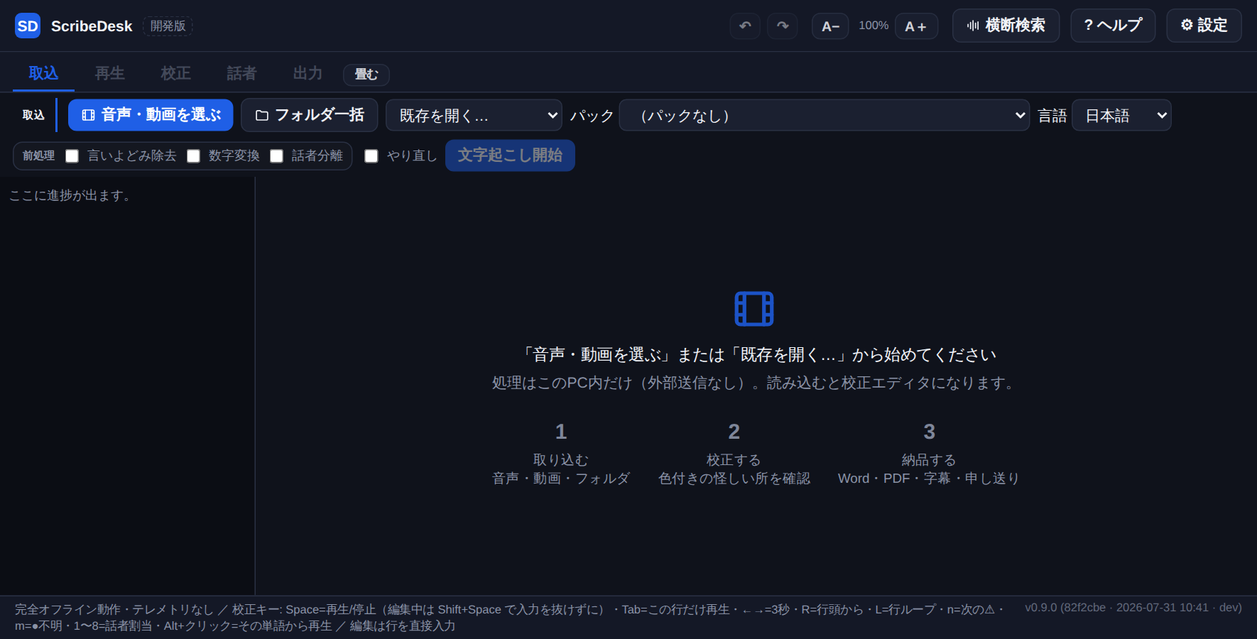 ScribeDesk 開始画面。取込タブに「音声・動画を選ぶ」「フォルダ一括」「既存を開く」、「パック」と言語の選択欄、言いよどみ除去・数字変換・話者分離の前処理チェックと、その隣の「やり直し」チェック、「文字起こし開始」ボタン。中央に「処理はこのPC内だけ（外部送信なし）。読み込むと校正エディタになります。」と3ステップ＝1 取り込む（音声・動画・フォルダ）／2 校正する（色付きの怪しい所を確認）／3 納品する（Word・PDF・字幕・申し送り）。